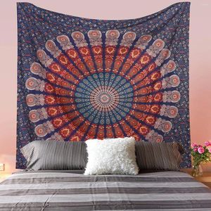 Tapestries Indian Hippie Bohemian Psychedelic Golden Blue Peacock Mandala Wall Hanging Bedding Tapestry Queen