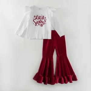 Комплекты одежды Girlymax для маленьких девочек Let It Snow Wine Bell Bot Рождественский наряд бархатные брюки-клеш комплект с оборками для детей