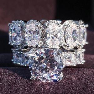 Luxus Echt Silber Farbe Braut Oval Princess Cut Ehering Set Für Frauen Verlobungsband Schmuck Zirkonia R4975 240118