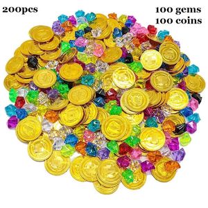 100pcs Gold Coin and 100 Pieces Gem Jewelry Treasure Toy Pirate Themed Event Party Favors Birthday Gift Cosplay Props Halloween 240118