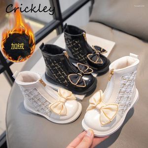 Stiefel Winter Bogen Mädchen Mode Design PU Tuch Patchwork Kurze Für Kinder Plüsch Warme Anti Slip Zipper Kinder Knöchel