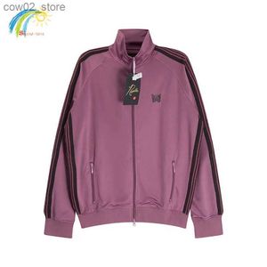 Men's T-Shirts Hip Hop Butterfly Embroidery Outerwear Coat Men Women Loose Side Webbing Striped AWGE NEEDLES Track Jackets Inside Tags Pink Q240201