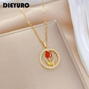 Colares Pingente Dieyuro 316L Aço Inoxidável Red Tulip Flor Colar Para Mulheres Menina Moda Clavícula Cadeia Gargantilha Jóias Presente Casamento