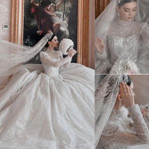 Gorgeous Ball Gown Wedding Dresses High Collar Long Sleeves Bridal Gowns Sequins Appliques Lace Up Sweep Train Princess Marriage Gowns Custom Made