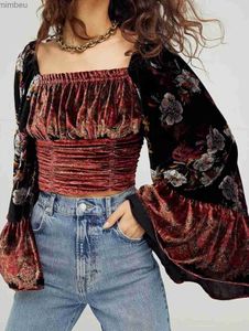 女性のTシャツの気質ブラウスの女性スクエアカラーフリルフレアスリーブスリムシャツBlusas Mujer de Moda Vintage Velvet Chic Blouses Tops L240201