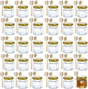 Bottiglie esagonali da 1,5 once Mini barattoli di miele in vetro Mestolo in legno Coperchio dorato Pendenti con ape Perfetto Baby Shower Bomboniere per matrimoni / feste