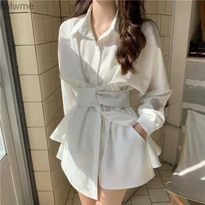 Grundläggande avslappnade klänningar Deeptown Korean One Piece White Shirt Dress Women Office Ladies Elegant Tunic Blouse Dresses Oregelbunden långärmad hög midja YQ240201