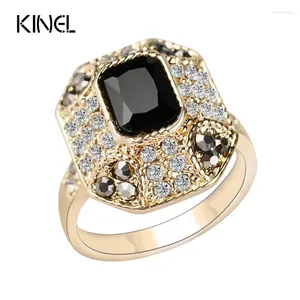 Cluster Rings Kinel Crystal Ring Fashion Dubai Color Gold Vintage Jewelry Square Black Main Stone For Women Love Gifts 2024