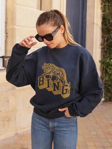 Kvinnors hoodies tiger grafisk tröja 2024 Autumn Winter Women o Neck Vinatge Washed Pullovers Topps Female Clothes Casual Loose