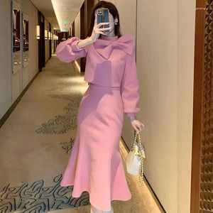 Two Piece Dress Rose Pink Plush Lady Suit Set Elegant And Chic Winter 2024 Puff Sleeve Wool Age-Reducing Pencil Skirt Two-Piece