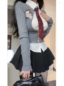 Casual Dresses 2024 Japanese Uniform Suit Woman Grey Slim Knitted Sweater Tops Black Bodycon Y2k Mini Skirt College Fashion 3 Piece Set Girl