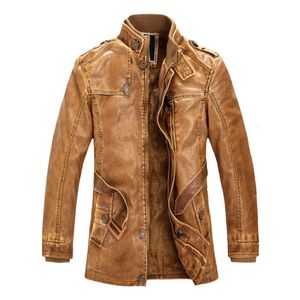 Autumn and Winter Mid Length Standing Collar Pu Leather Jacket Washed Mens Motorcycle Plush Casual Clothing Y8D9