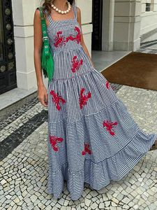 Casual klänningar hängande rem tryckt stor hem lång klänning lady off axel ärmlös plädrock 2024 kvinnor semester strand vestidos