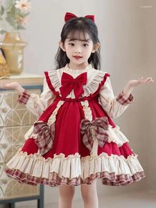 Girl Dresses Lolita Girls Dress Spring Autumn 2024 Cute Fashion Party Knee-Length Ruched Princess Flower Lovely Sweet