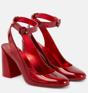 Lyxdesigner skor röd sandal fröken sab 85mm satin läder pumpar sommar sling tillbaka slingback skor block klackade sandaler bröllop festklänning