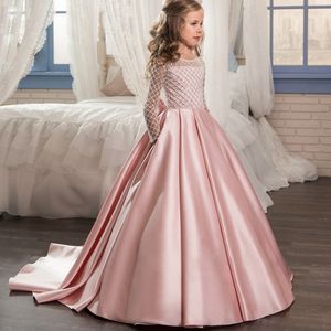 Satin Elfenbein Spitzen Pailletten Blumenmädchen Kleider Juwel Neck Bow Puff Prinzessin Rückenless Ballkleider für Hochzeits Geburtstagsfeier Zug kleine Mädchen Toddlder Festzug