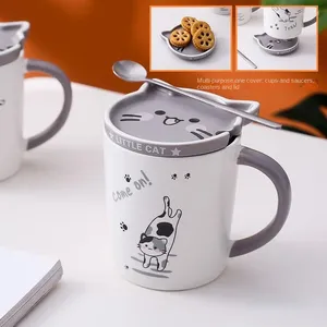 Tazze Creative Cute Cartoon Cat Tazza in ceramica Coppia Tazza d'acqua Colazione a casa Latte Caffè Succo con coperchio Cucchiaio Set Regalo di festa