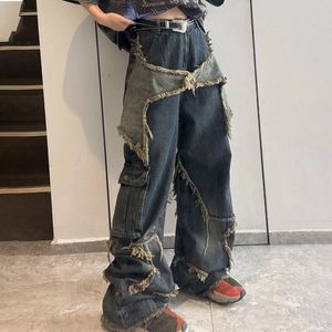 Y2K Cargo Dżinsy Pants Women Street Lose Oversize panel pentacle Raw Hem Pant Vintage Blue Hip Hop Dżinsowe spodnie 240118