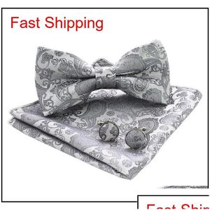 Bow Ties Classic Paisley Mens Bow Tie مجموعة صلبة اللون اثنين من الطبقة المربوطة قبل الجيب أزرار أكمام مربعة B qylgyx dhseller2010 Drop de dhngx