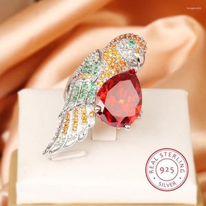 Klusterringar 925 Sterling Silver Ring for Women Stylish Shiny Red Water Drop Zircon Hummingbird Shaped Anniversary Gift