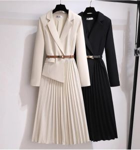 Vintage Pleated Belt Patchwork One Piece Blazer Dress Women Elegant Office Ladies Long Sleeve Notched Female Autumn Midi Vestido 2024