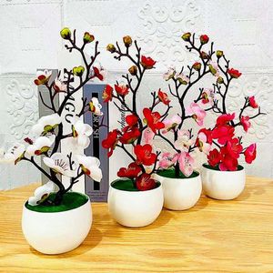 Dekorativa blommor Bonsai Silk Plum Blossoms Artificial Plant Fake Pot Flores Sakura Tree Branches Home Room Decoration