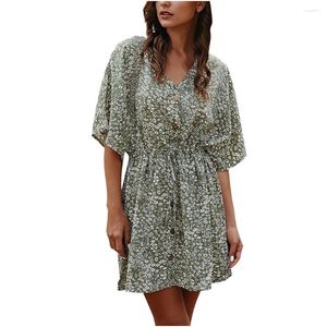 Vestidos casuais verão boêmio praia sundress senhoras elegante cordão cintura midi vestido fino ajuste meia manga botão ropa de mujer