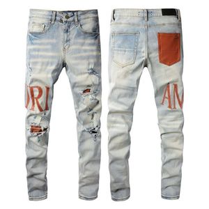 Projektantka dżinsów dżinsowe dżinsy dla mężczyzny europejskie dżinsowe spodnie męskie spodnie spodnie motocyklowe druk z rozerwany dla trendów bawełniany moda Y2