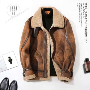 Leather and Fur Integrated Mens Winter Large Plush Thickened Jacket Short Motorcycle Lamb Wool SOOU