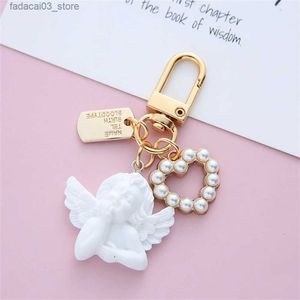 Keychains Lanyards Creative Vintage White Angel Keychain Women Girl Cute Mini Pearl Heart Key Chain Car Key Ring Holder Trinket Bag Charms Jewelry Q240201