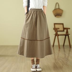 2024 cotton vintage khaki skirt women's contrast streamlined elasticated waist a-line skirt autumn