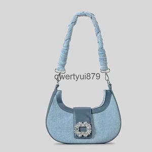 Shoulder Bags Fasion Rinestone Women Soulder alf Moon Denim Underarm Bag Woven Strap Crossbody Y2k Female Party Purse 2024H2421