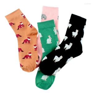 Damensocken mit Cartoon-Tieren in Röhren-Baumwolle, Elefant, Kaninchen, Fuchs, Schaf