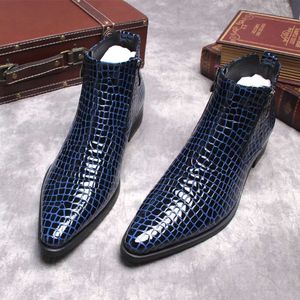 Men's Autumn Genuine Leather Ankle Pointy Black Blue Formal Mens Dress Boots Side Zipper Snake Pattern Boot Men