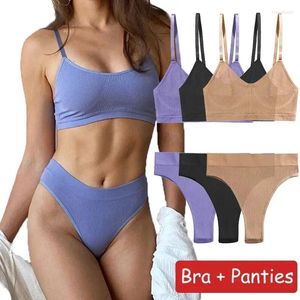 Bras Sets FINETOO Seamless Bra Set Women Wireless Crop Top Suit Sexy Female Tops Low-Rise Panties Comfortable Basic Girl Lingerie