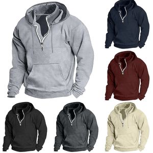 Mens Hoodie Quarter Zip Black Wine Navy Blue Dark Green Hooded Plain Oversized Up Thick Trendy Hoodies 240123