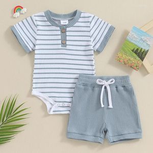 Kläderuppsättningar födda Baby Boys Girls Summer Outfit Stripe Mönster Kort ärm Romper Solid Colic Elastic Midjeshorts 2ms kläder Set