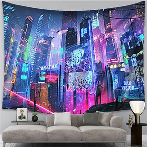 Tapestries Cyberpunk Neo Futuristic Poster Tapestry Psychedelic Fantasy City Cyberspace Neon Good Vibbes Only Art Game Room Kids Bedroom