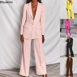 Womens Formal Office 2PCS Sets Solid Blazer Suits and Pants Slim Fit Temperament Tracksuits 240127