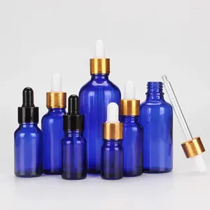 収納ボトル6pcs/lot 5ml 10ml 15ml 20ml 30ml 50ml 100mlダークブルーガラスボトルとドロップパーの空のエッセンシャルオイル