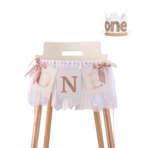 Rose Gold Blush White Highchair Banner Girl 1st Birthday Banner First One Year Party Decor with Cown 240124