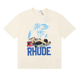 100 Rhude Cotton Men's T-shirt Quality Chest Print Designer High Casual Fashion Short Sleeve Europe America Men's and Women's Round Neck Size S-xl24ss 17