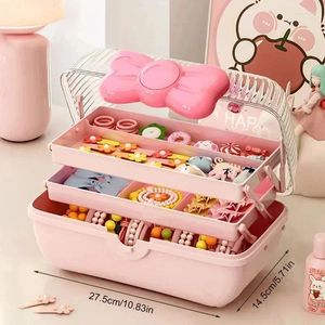 Party Favor Multi-Layer Storage Box Bow Knot Hårtillbehörslådor Kawaii Plastiska smycken Organisator Desktop Dammtät barn