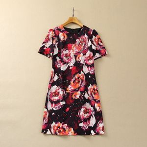 2024 Spring Black Floral Print Beaded Rhinestone Dress Short Sleeve Round Neck Short Casual Dresses S4J290125 Plus Size XXL