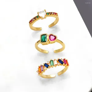 クラスターリングOcesrio Rainbow Crystal Heart for Women Copper Gold Gold Open Ring Rectangle CZ Girl Jewelry Wholesale Bulk Rigj09