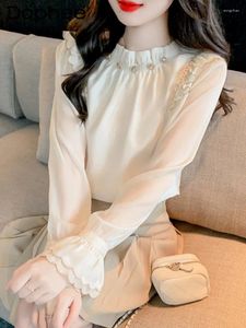 Kvinnor BLOUSES COMPT STILE Bell Sleeve Chiffon Shirt for Women 2024 Spring Korean Office Lady Doll Collar Bow Bandage Pärled Blus