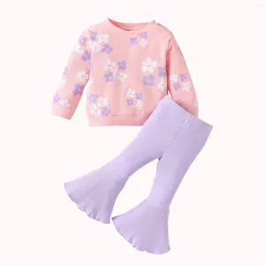 Kläderuppsättningar 0-5 år Baby Girls Waffle Outfits Långärmad blommig tröjor