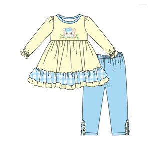 Conjuntos de roupas Outono Meninas Roupas Amarelo Manga Longa Saia e Calças Azul Arco Hippo Bordado Padrão Girl Outfits