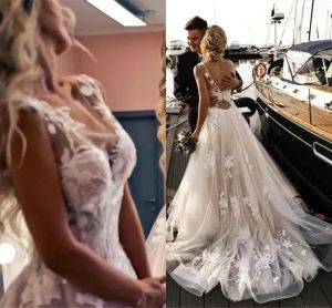 Dantel Tül Bohemain Bir Çizgi Gelinlik Seksi Açık Sırt Sheer Straps v Boyun Summber Beach Bahçe Gelin Gowns Vestidos BC10027 0201