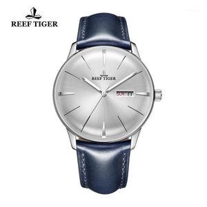 Armbandsur 2021 Reef Tiger RT Dress Watches For Men Blue Leather Band Convex Lens White Dial Automatic RGA82381205F